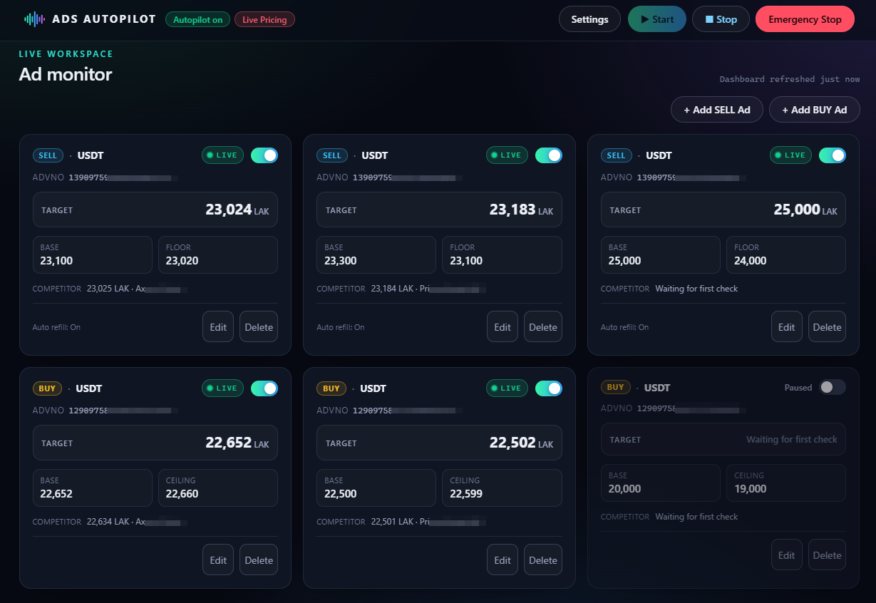 ADS Autopilot dashboard — live ad monitor with SELL and BUY cards